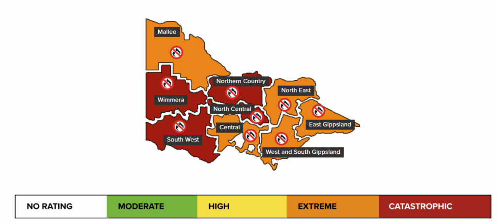 Tomorrow, Fri, 9 Jan 2026 has been declared a day of Total Fire Ban for the whole State of Victoria. No fires can be lit or be allowed to remain alight in the open air