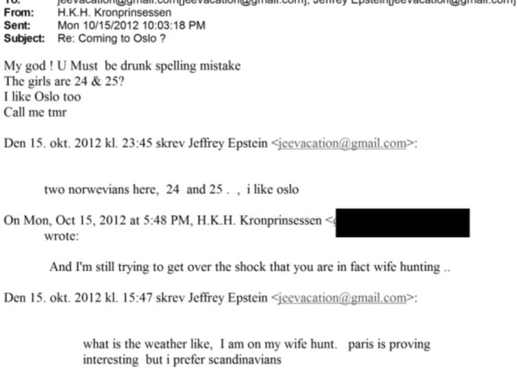 An email exchange between Epstein and Mette-Marit where Epstein mentions "wife hunting" and "two norwevians here, 24 and 25".