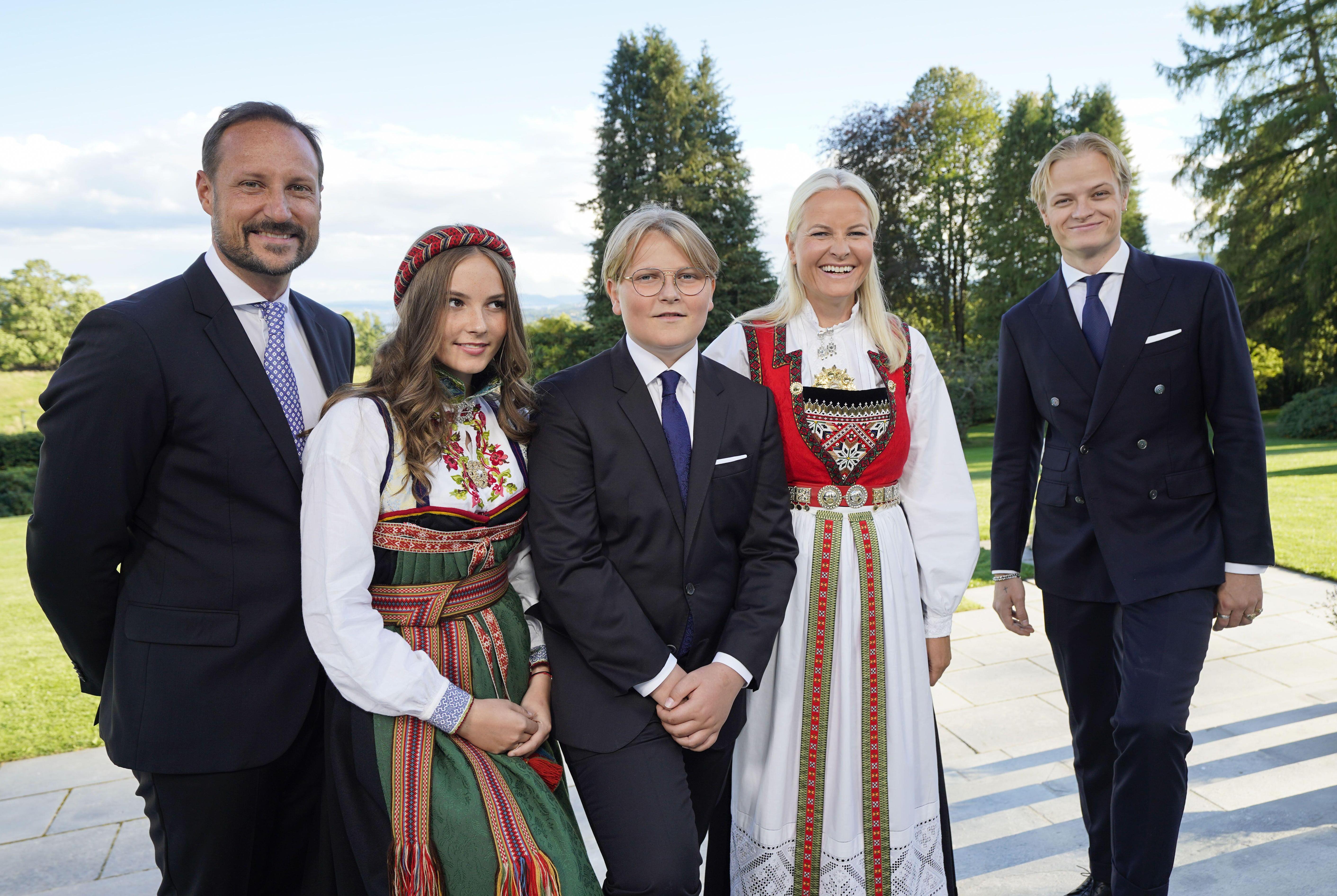 Prince Sverre Magnus with Crown Prince Haakon, Princess Ingrid Alexandra, Crown Princess Mette-Marit, and Marius Borg Hoiby after his confirmation.