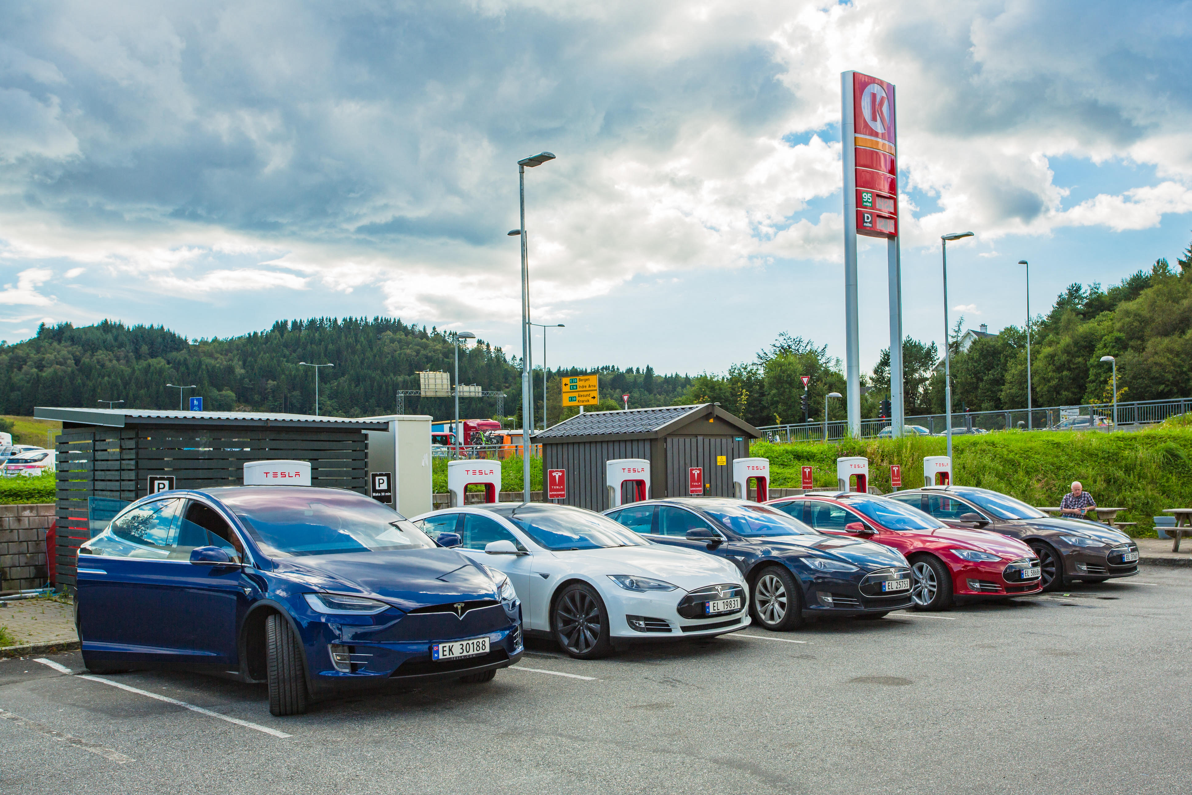 Modern Tesla electric car Supercharger station in Bergen.
