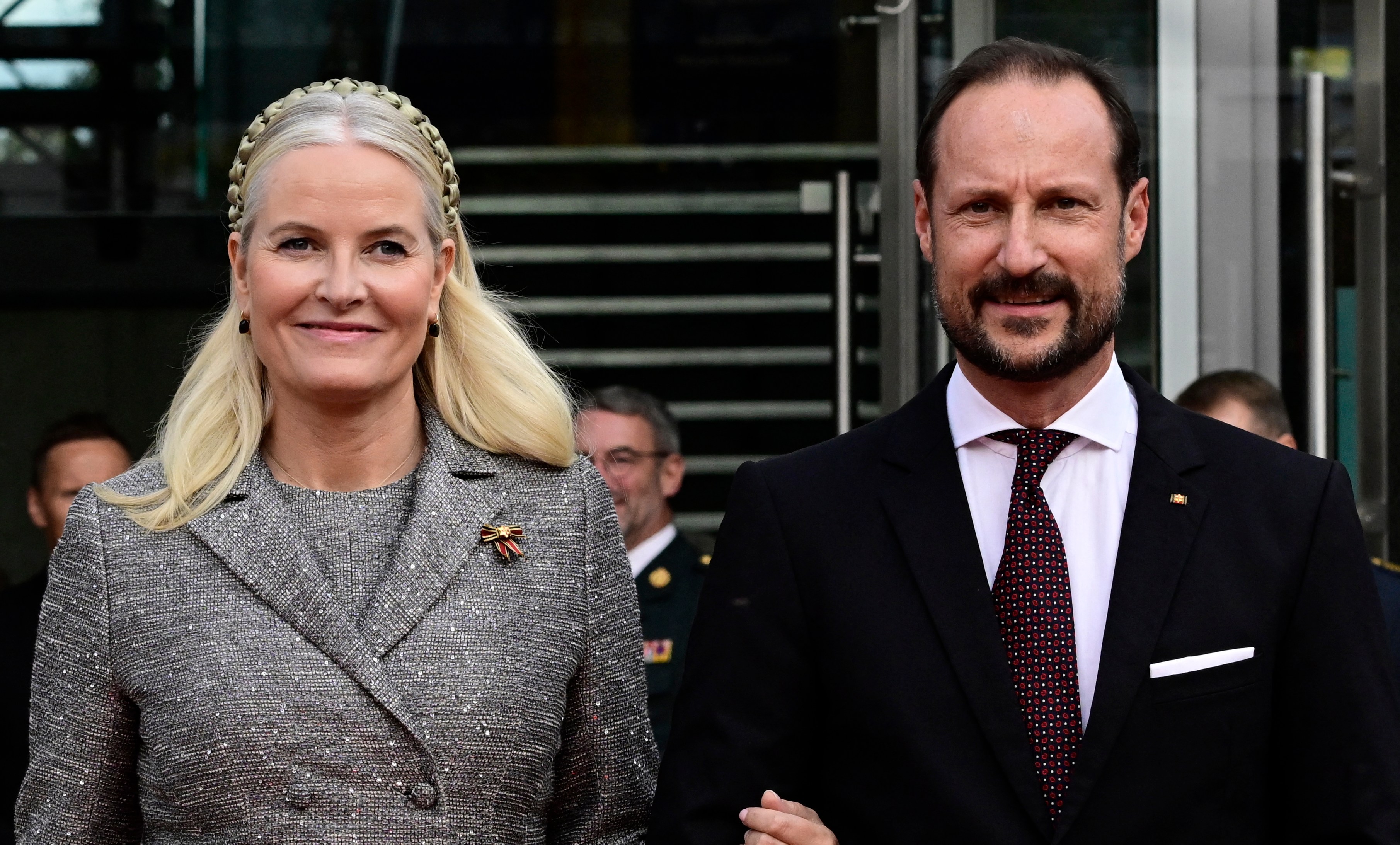 Crown Princess Mette-Marit of Norway and Crown Prince Haakon of Norway pose upon arrival for a reception in Berlin, Germany.