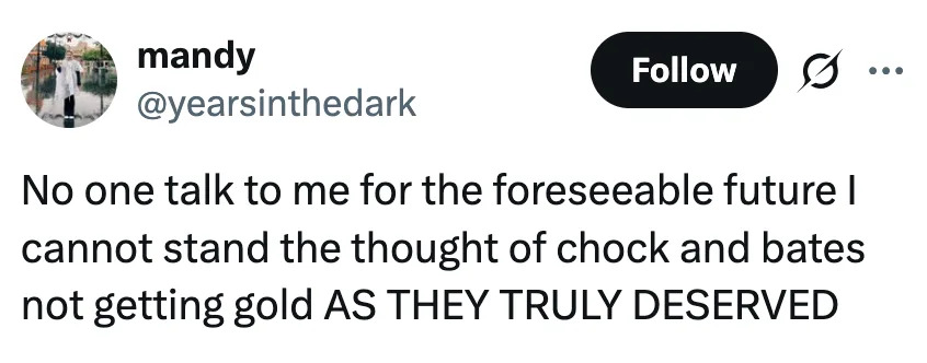 Tweet expressing frustration that "Chock and Bates" did not win gold