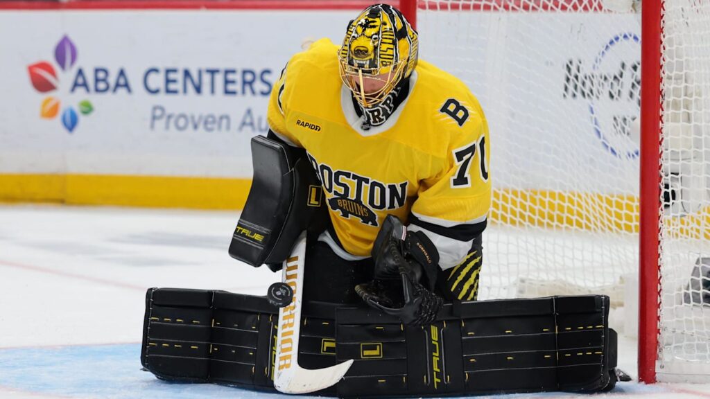 Feb 4, 2026; Sunrise, Florida, USA; Boston Bruins goaltender Joonas Korpisalo (70) makes a save against the Florida Panthers during the third period at Amerant Bank Arena. Mandatory Credit: Sam Navarro-Imagn Images