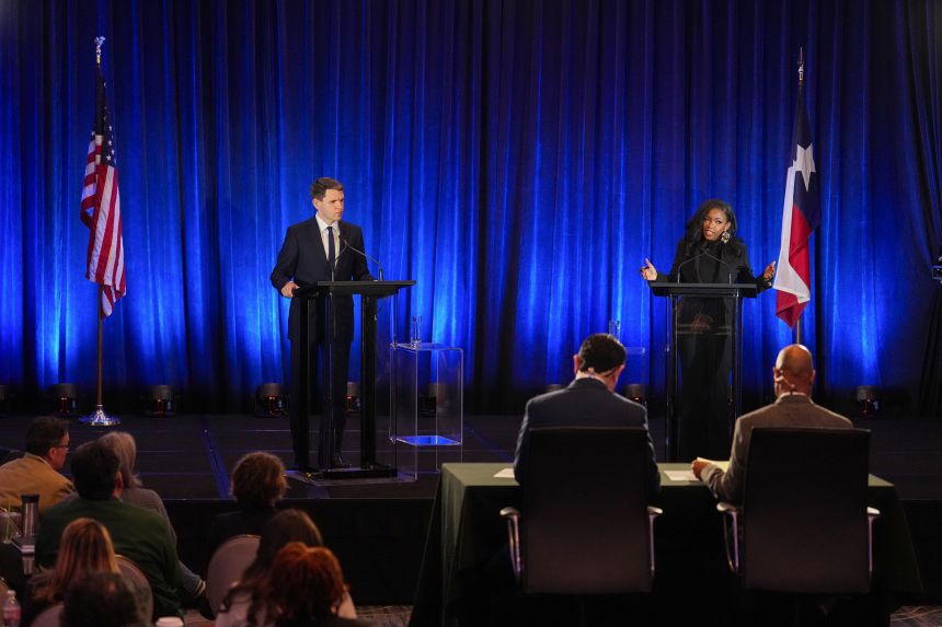 Texas state Rep. James Talarico and US Rep. Jasmine Crockett participate in a debate at the 2026 Texas AFL-CIO COPE Convention in Georgetown, Texas, on January 24.