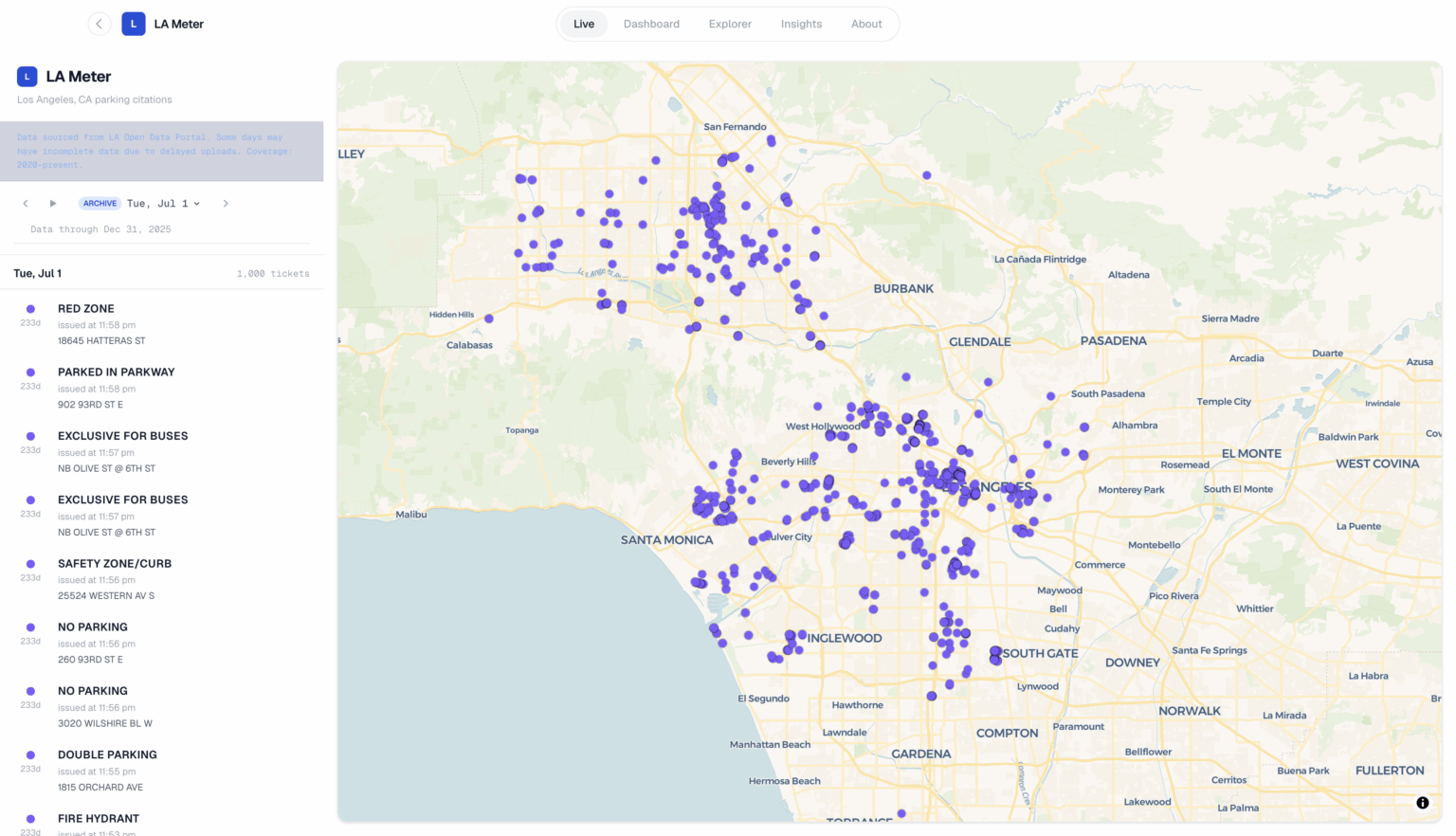 I mapped every parking ticket LA has issued since 2020(10 million). Here's what the data reveals [OC]