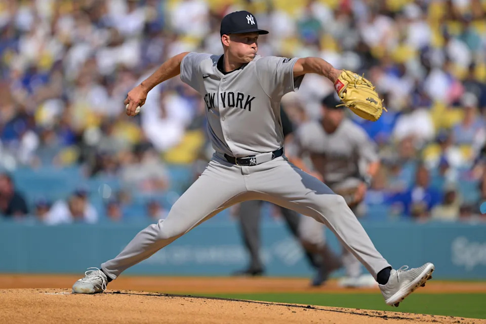 May 31, 2025; Los Angeles, California, USA; New York Yankees pitcher Will Warren (98) pitches in the first inning against the Los Angeles Dodgers at Dodger Stadium. Mandatory Credit: Jayne Kamin-Oncea-Imagn Images