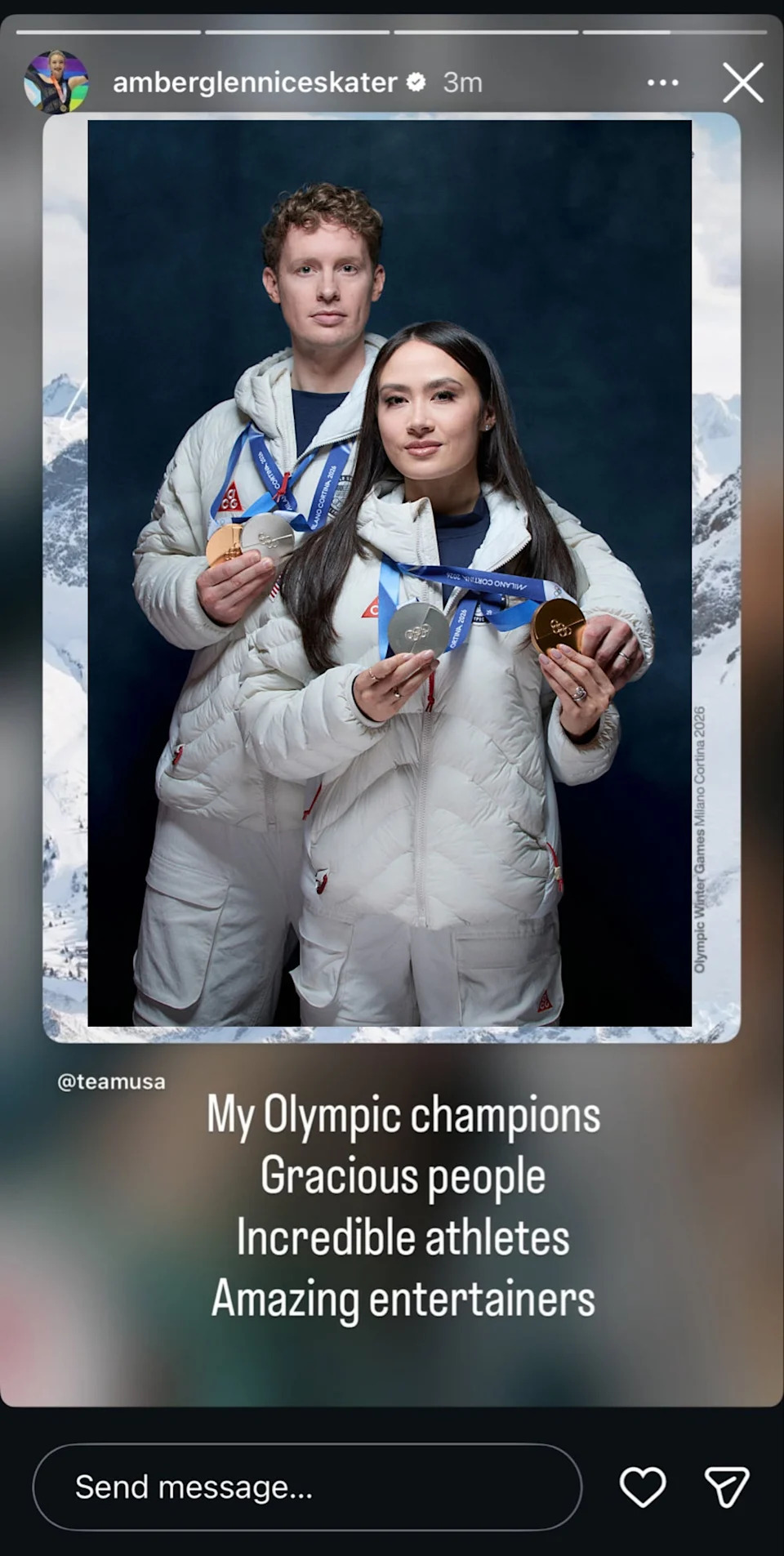 Figure skaters in an elegant dance pose on a snowy backdrop; text celebrates Olympic champions and entertainers