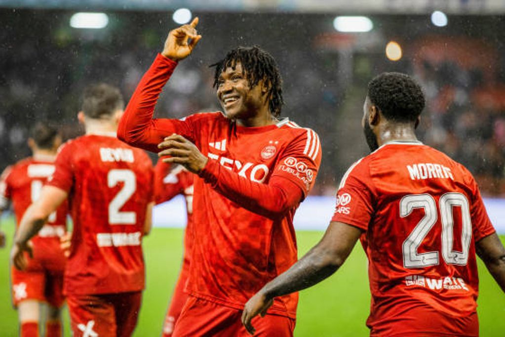 Peter Ambrose celebrates after scoring for Aberdeen against Dundee United