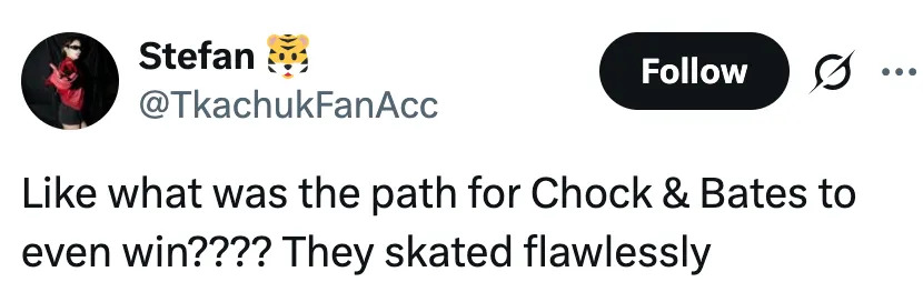 Tweet questions how Chock and Bates could have lost, noting they skated flawlessly