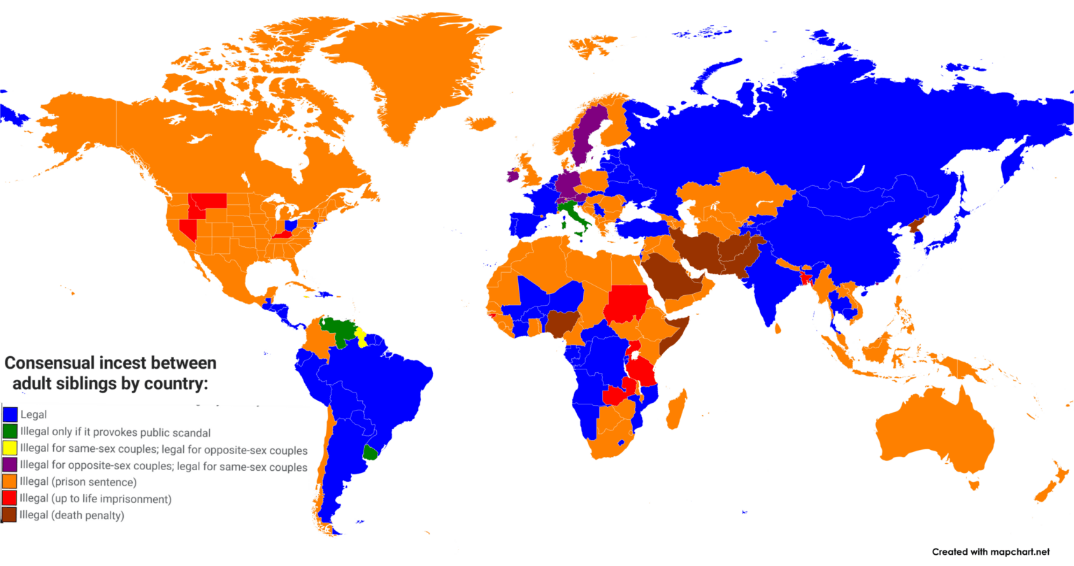 Consensual incest between adult siblings by country: