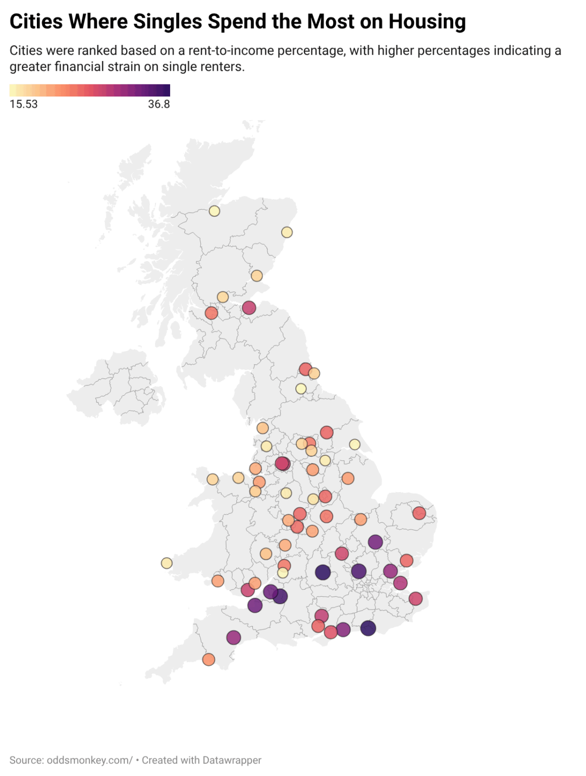 [OC] British Cities Where Singles Spend the Most on Housing (2026)