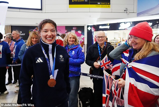 Zoe Atkin pictured arriving back in the UK after taking bronze in the women's ski halfpipe