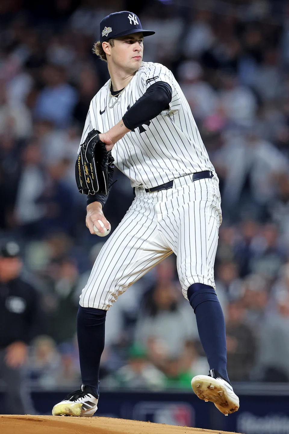 Oct 8, 2025; Bronx, New York, USA; New York Yankees pitcher Cam Schlittler (31) pitches during the first inning against the Toronto Blue Jays during game four of the ALDS round for the 2025 MLB playoffs at Yankee Stadium. Mandatory Credit: Brad Penner-Imagn Images