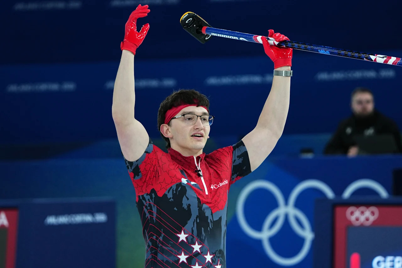 United States' Aidan Oldenburg reacts after the men's curling round robin session against Sweden, at the 2026 Winter Olympics, in Cortina d'Ampezzo, Italy, Sunday, Feb. 15, 2026. (AP Photo/Misper Apawu)