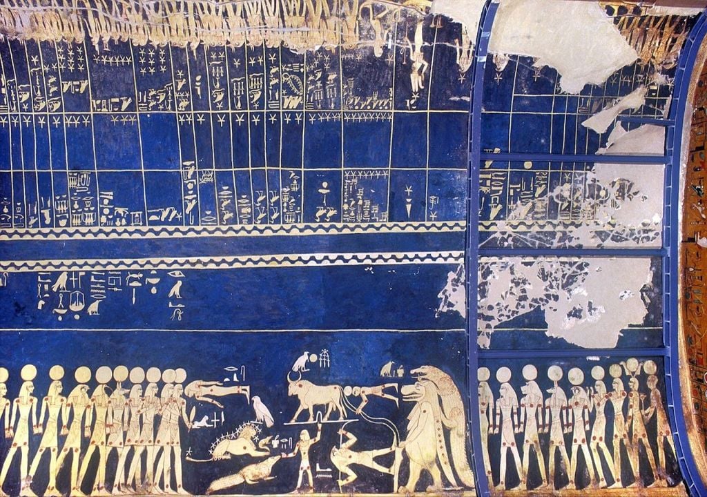 Astronomical ceiling of Seti I's tomb with wavy black lines separating registers