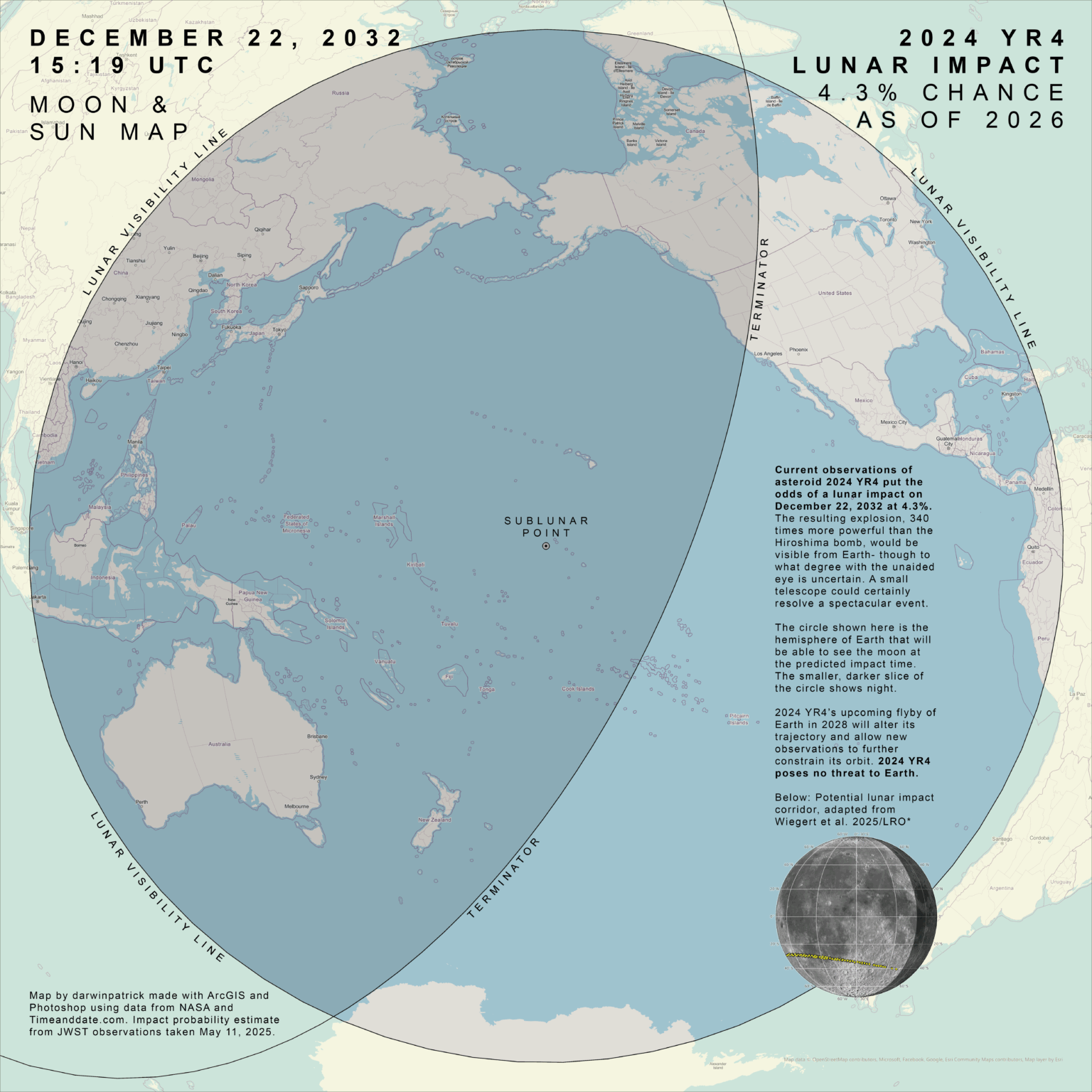 Asteroid 2024 YR4 currently has a 4% chance of hitting the moon in 2032- here's where the impact would be visible from on Earth. [OC]