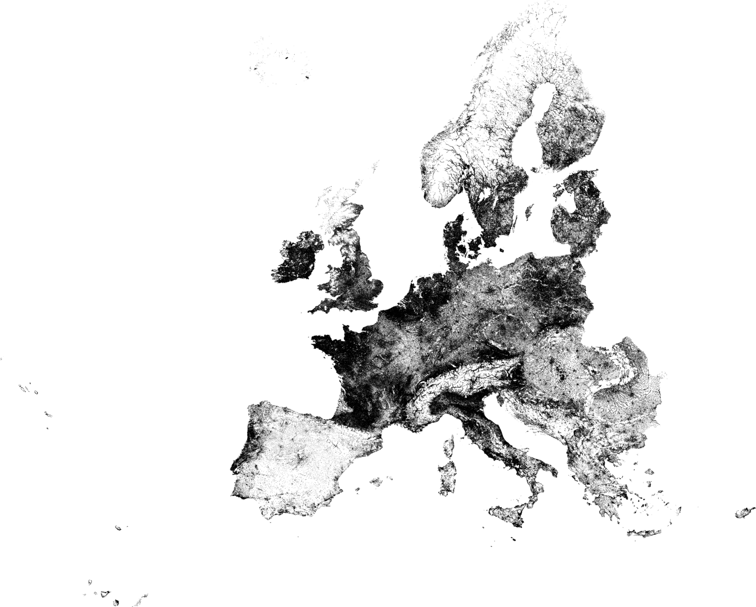 Map of population distribution (NOT density!!) in most of Europe in 2021, on a square grid with 1 pixel representing 1 square kilometre. Black means inhabited, white means empty.