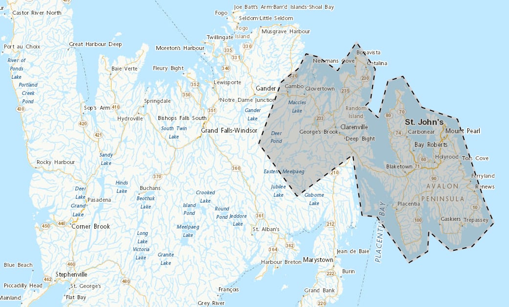 Map of Newfoundland with the eastern portion highlighted in grey to symbolize special weather statement