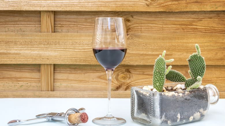 A glass of red wine placed on a table next to a wine opener and cactus.