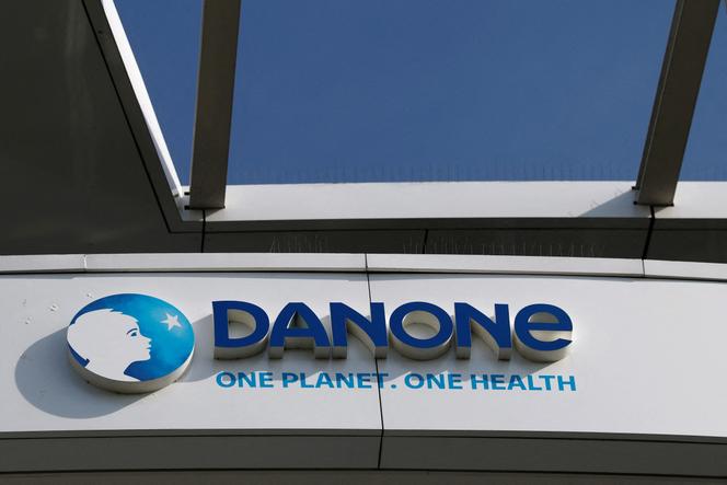 A logo of French food group Danone at the company headquarters near Paris, April 2025.