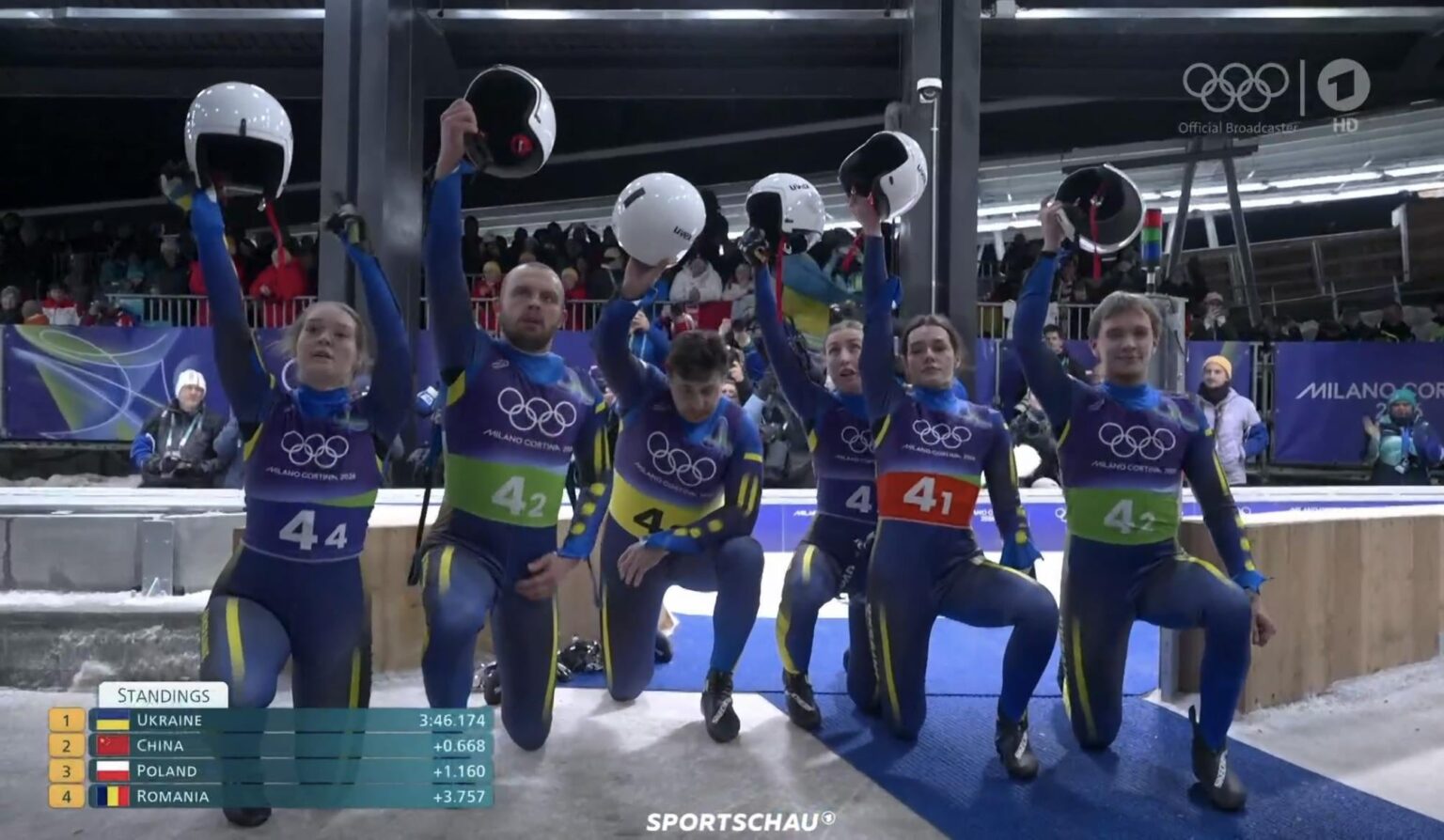 The Ukrainian luge team in solidarity with the skeleton slider who got disqualified for his protest against the war by Russia