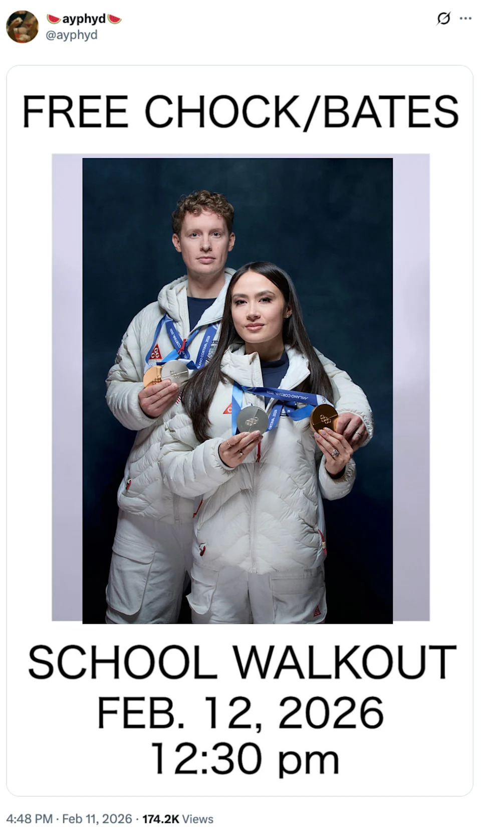 Two people in matching athletic jackets with USA flags pose together. Text reads: "Free Chock/Bates. School Walkout. Feb. 12, 2026, 12:30 pm."