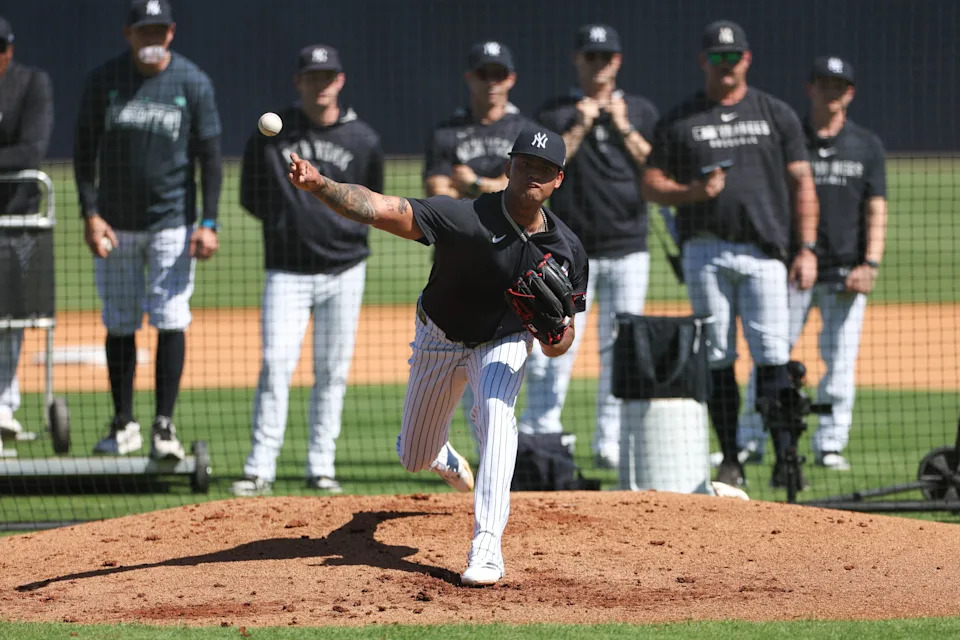 Feb 15, 2025; Tampa, FL, USA; New York Yankees starting pitcher Luis Gil (81) participates in spring training workouts at George M. Steinbrenner Field. Mandatory Credit: Nathan Ray Seebeck-Imagn Images
