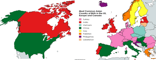 Most Common Asian Country of Birth in the US, Europe and Canada [OC]