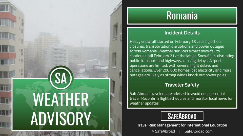 Heavy snowfall from February 18 to February 21 in Romania will disrupt power and travel.