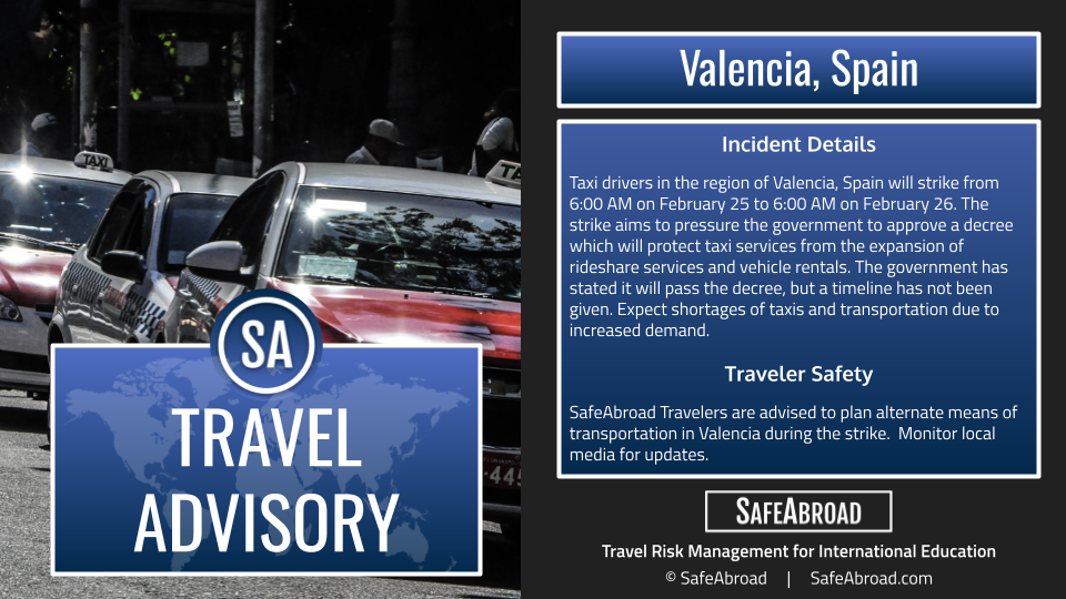 Taxi drivers will strike in Valencia, Spain for 24 hours from 6:00 AM on February 25 to February 26 at 6:00 AM. 