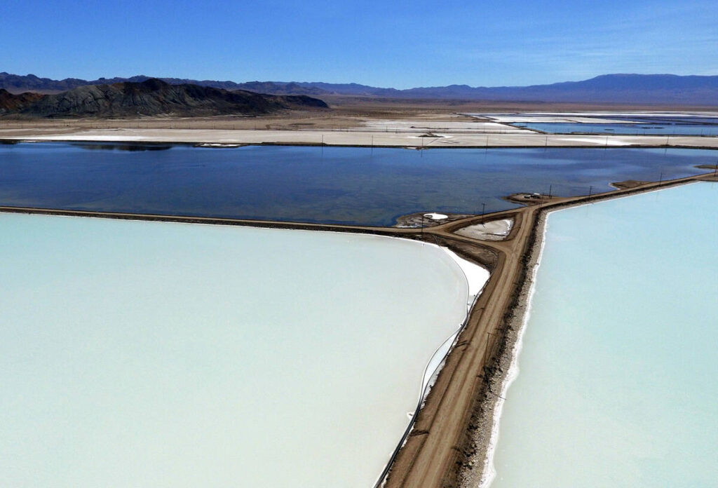 Lithium brine evaporation ponds at Albemarle's lithium mine in Silver Peak is shown on Tuesday, ...