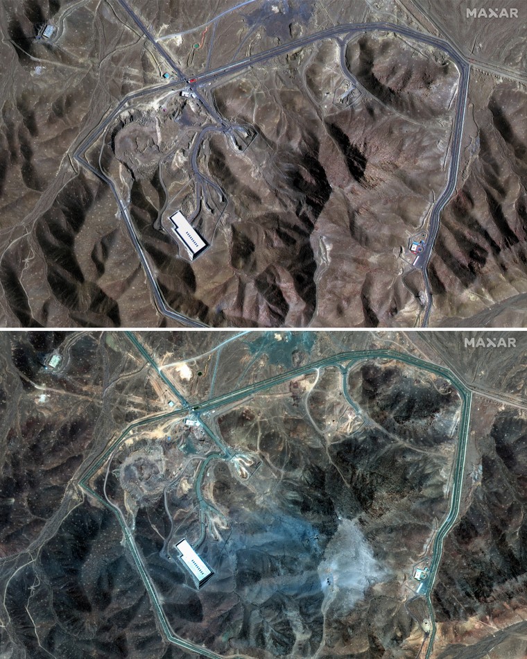 The Fordo nuclear site before the U.S. attack in Jun. 2025, above, and after, below.