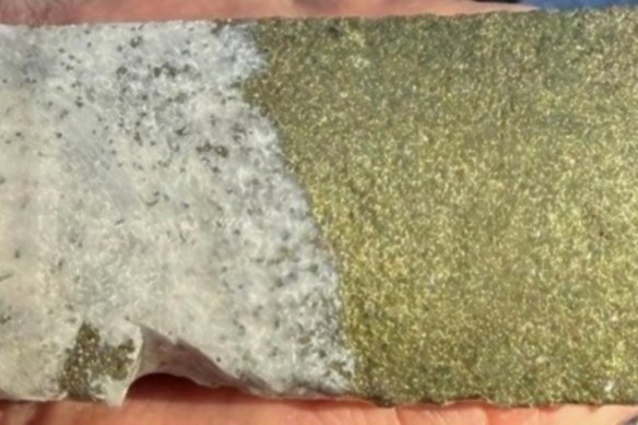Core from Strickland Metals’ Red Creek discovery at Rogozna in Serbia showing massive chalcopyrite mineralisation in contact with carbonate.