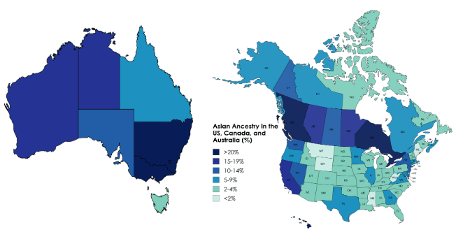 Asian Ancestry in the US, Canada, and Australia (%) [OC]