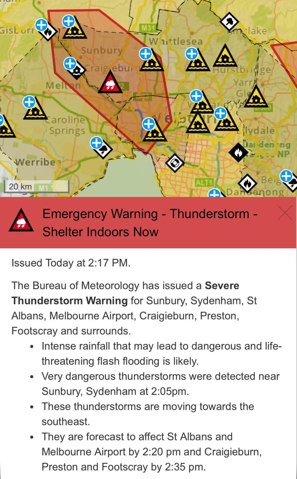 Emergency warning for thunderstorms in the north-western surburbs and the Healesville/Warburton area