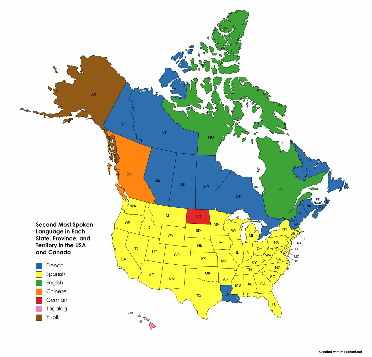 Second Most Spoken Language in the USA & Canada [OC]