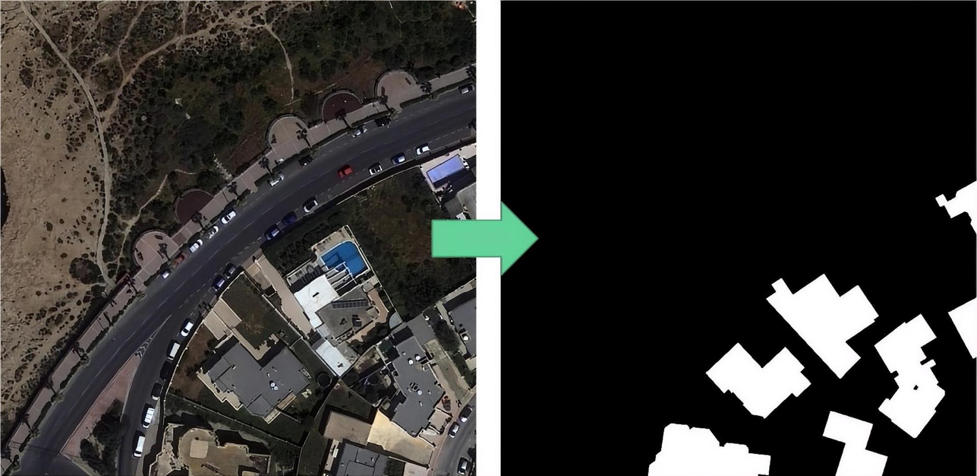 Left: tile extracted from orthophoto imagery. Right: corresponding binary mask representing building boundaries