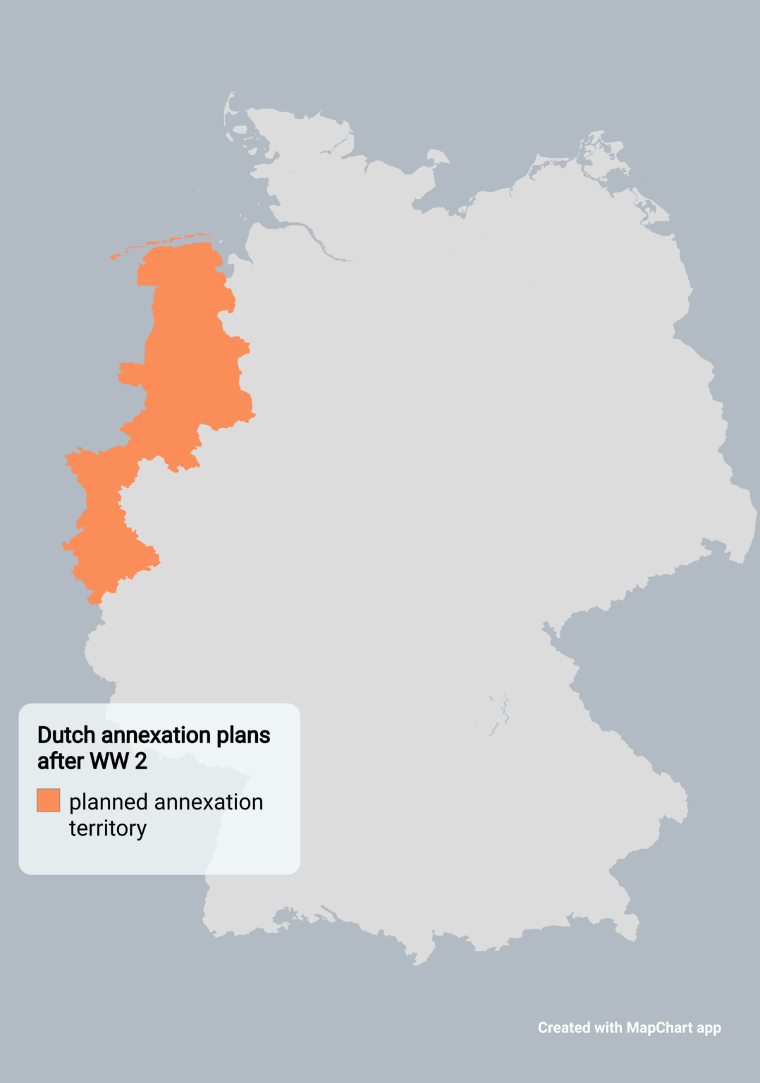Territories demanded by Netherlands as reparation after WW2. Proposal was rejected by Allies as it would stress out housing and rehabilitation in Germany too much due to millions of forced deportations when state was already suffering from it due to mass deportation of Germans from East and Czechia.
