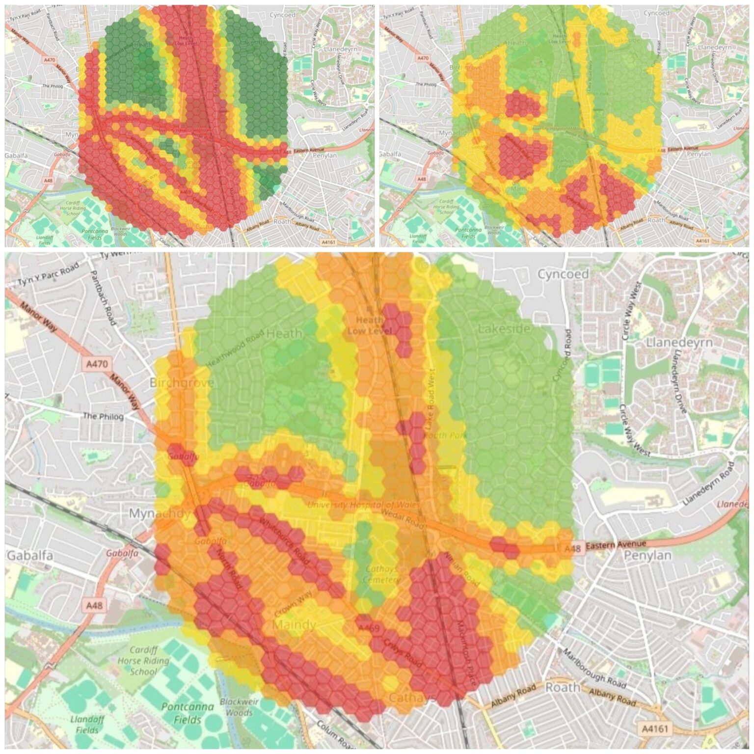 [OC] Cardiff heat map based on environmental noise levels (1), green space ratio (2) and the two combined (3)