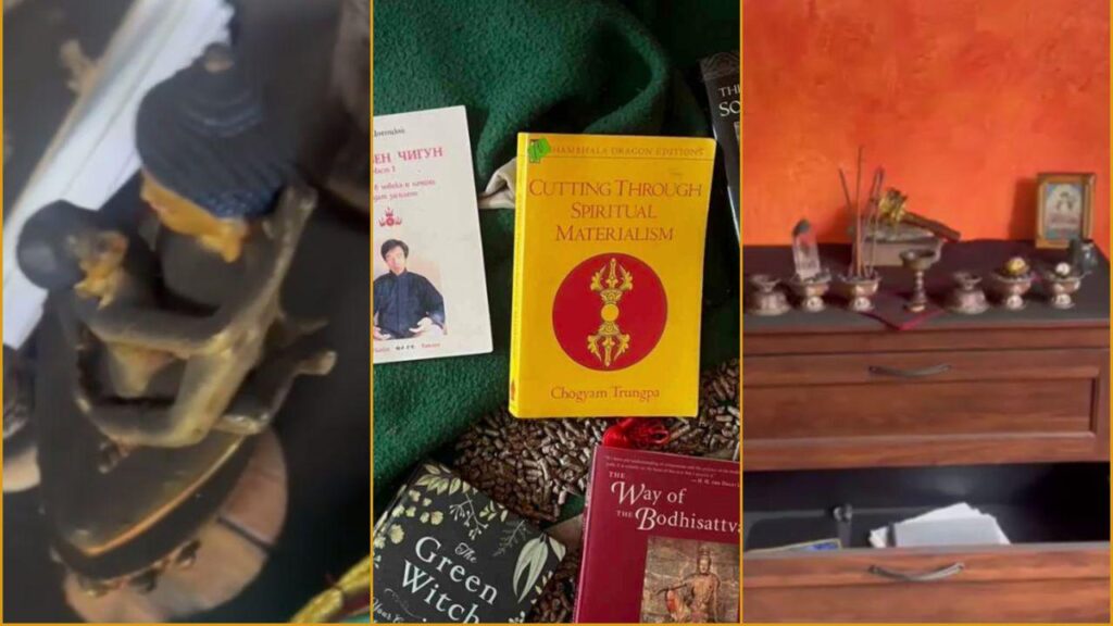 Footage from inside the house. Not only Buddhist but also Hindu religious symbols are visible