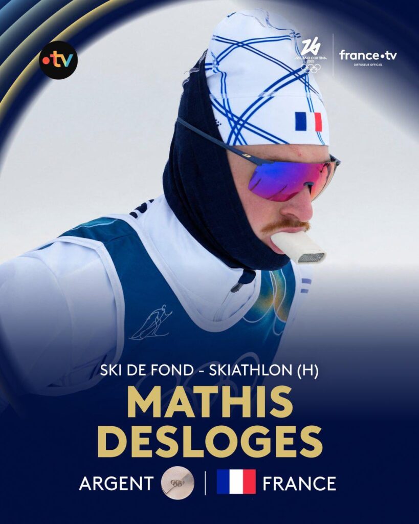 FIRST FRENCH MEDAL! 🥈 Mathis Desloges is Olympic skiathlon vice-champion behind Norwegian cross-country skiing legend Johannes Klæbo! This is the first individual medal in cross-country skiing for France since 2006!