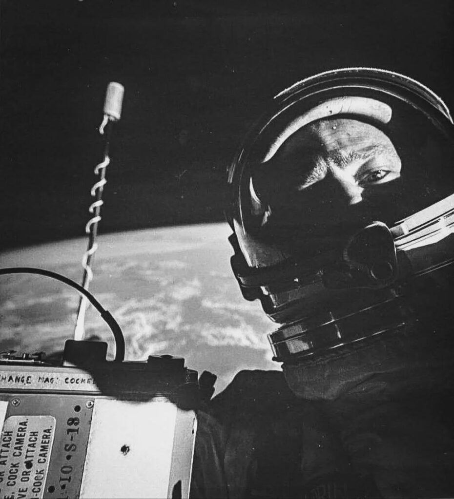 The first self portrait in space, taken by Buzz Aldrin in 1966