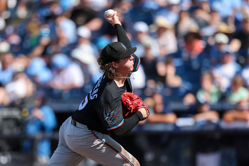 Jun 7, 2025; Tampa, Florida, USA; Miami Marlins starting pitcher Ryan Weathers (35) throws a pitch against the Tampa Bay Rays in the first inning at George M. Steinbrenner Field. Mandatory Credit: Nathan Ray Seebeck-Imagn Images