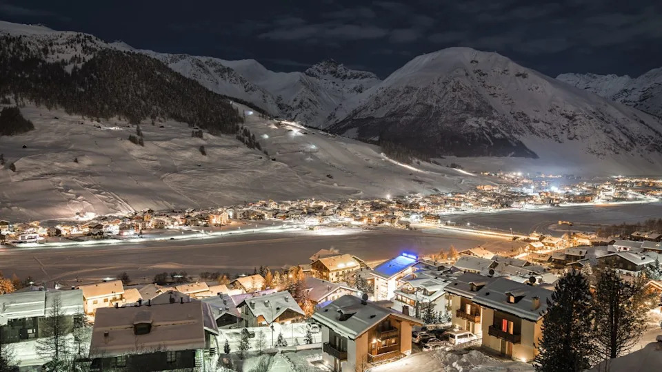 Alpine Ski Resort At Night, Winter Scenery, Livigno, Italy