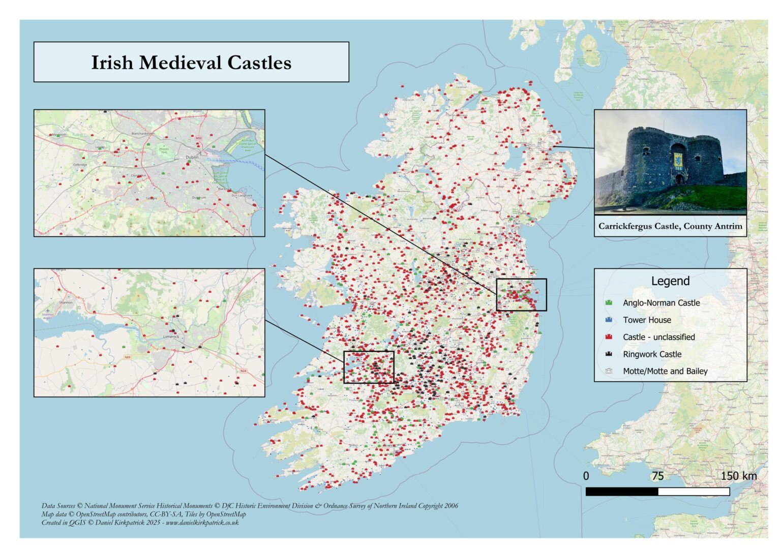 [OC] Distribution of Medieval Fortifications in Ireland