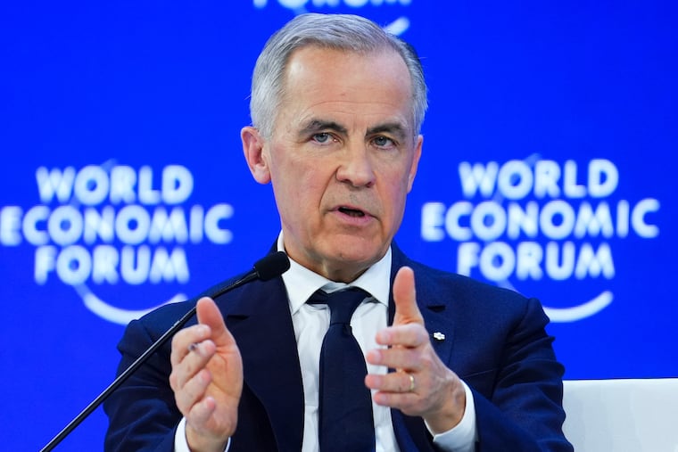 Canadian Prime Minister Mark Carney delivers a speech at the World Economic Forum in Davos, Switzerland, on Tuesday, Jan. 20, 2026.