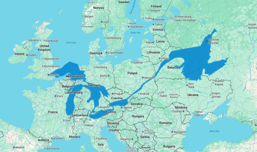 Scale of the Great Lakes and Gulf of St. Lawrence compared to Europe.