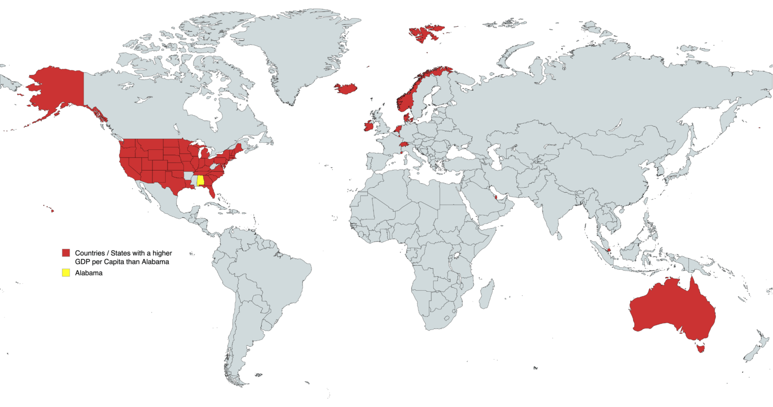 Countries with a higher GDP per Capita than Alabama, the 4th poorest state