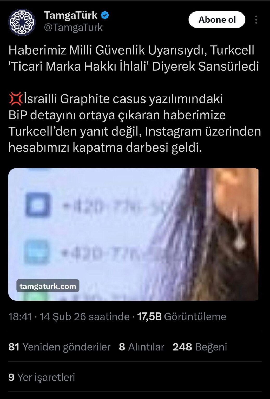Our News Was a National Security Warning, Turkcell Censored It Saying 'Trademark Rights Violation'