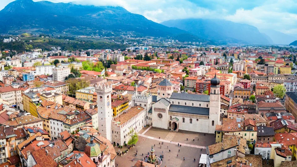 Trento Cathedral or Duomo di Trento aerial panoramic view. Duomo is a roman Catholic cathedral in Trento city in Trentino Alto Adige in Italy.